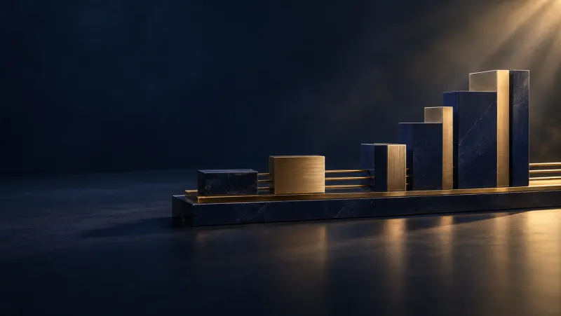 Navy en messing blokken als staafdiagram, spiegelend in een donkere vloer: een illustratie voor Feliro