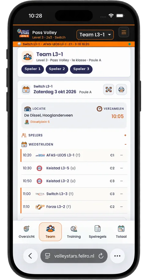 De Volley Stars-app op een telefoon: teampagina met spelers, locatie, verzameltijd en het wedstrijdprogramma van een speeldag