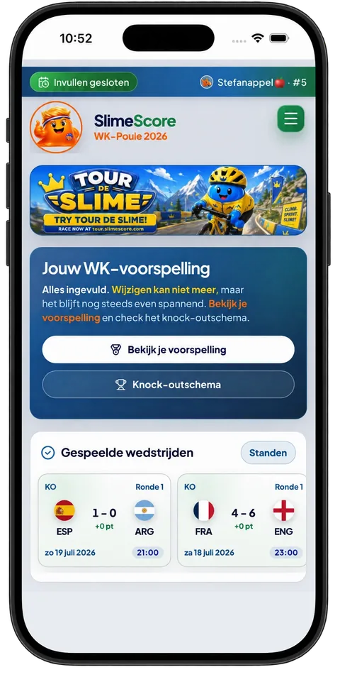 SlimeScore als app op een telefoon: WK-poule 2026 met de eigen voorspelling, het knock-outschema en gespeelde wedstrijden