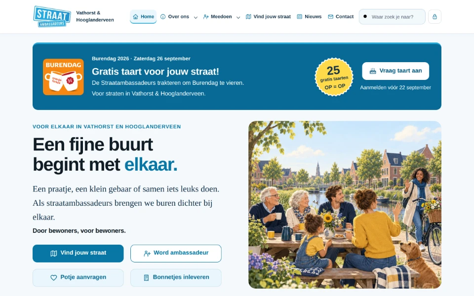 Startpagina van straatambassadeurs.nl: buurtplatform met straat vinden, ambassadeur worden en een actuele actie